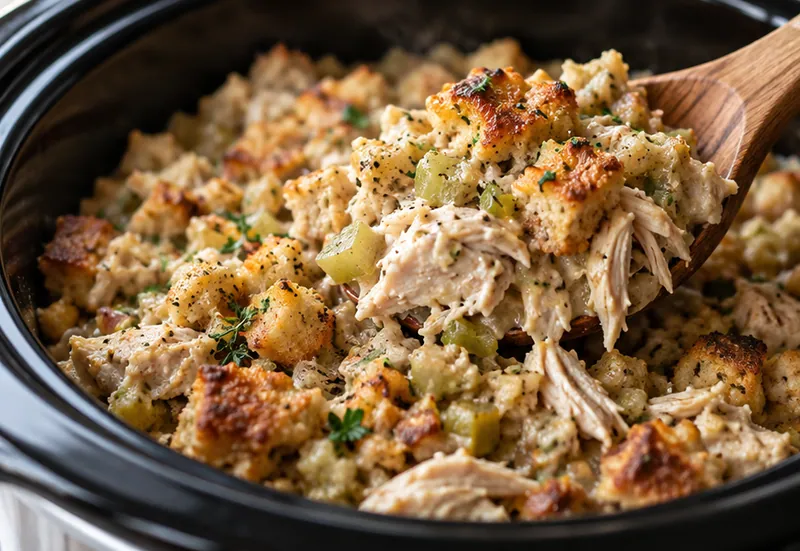 Fall Crockpot Chicken and Stuffing, ready to serve