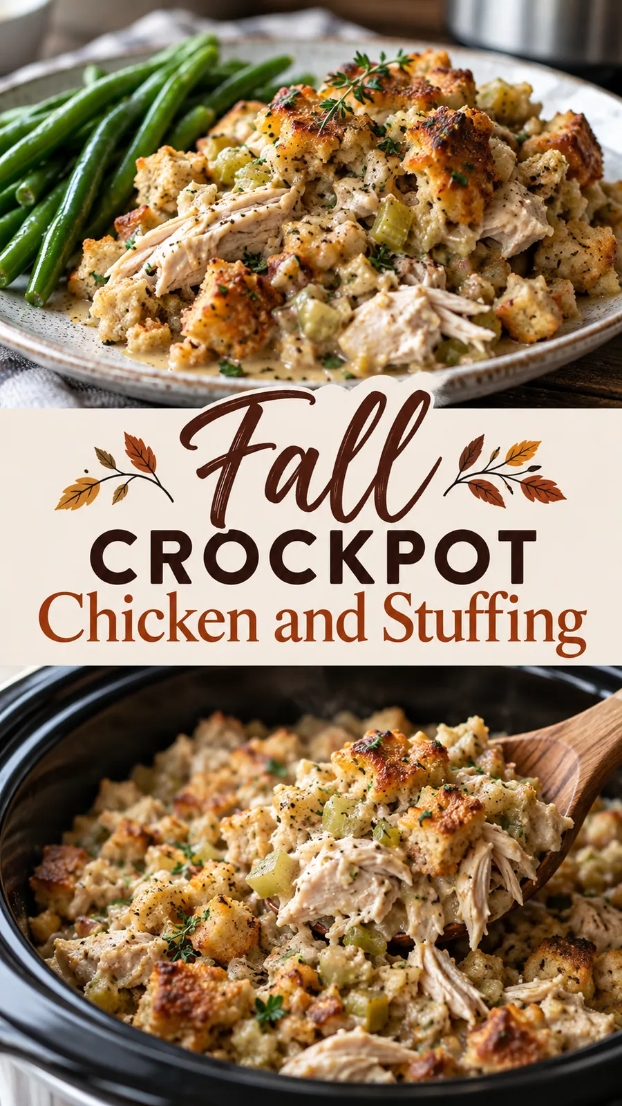 Pinterest image for Fall Crockpot Chicken and Stuffing, with two photos of the recipe
