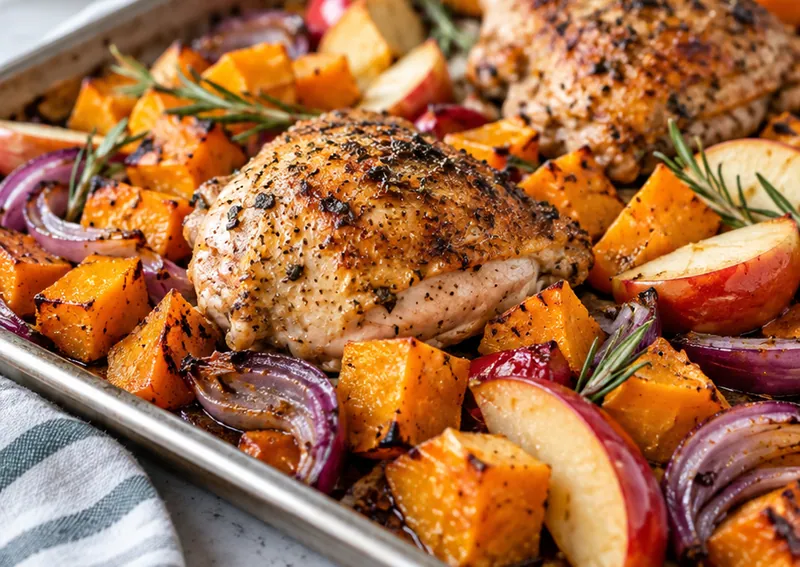Fall Dinner Sheet Pan Chicken with Apples and Squash, ready to serve