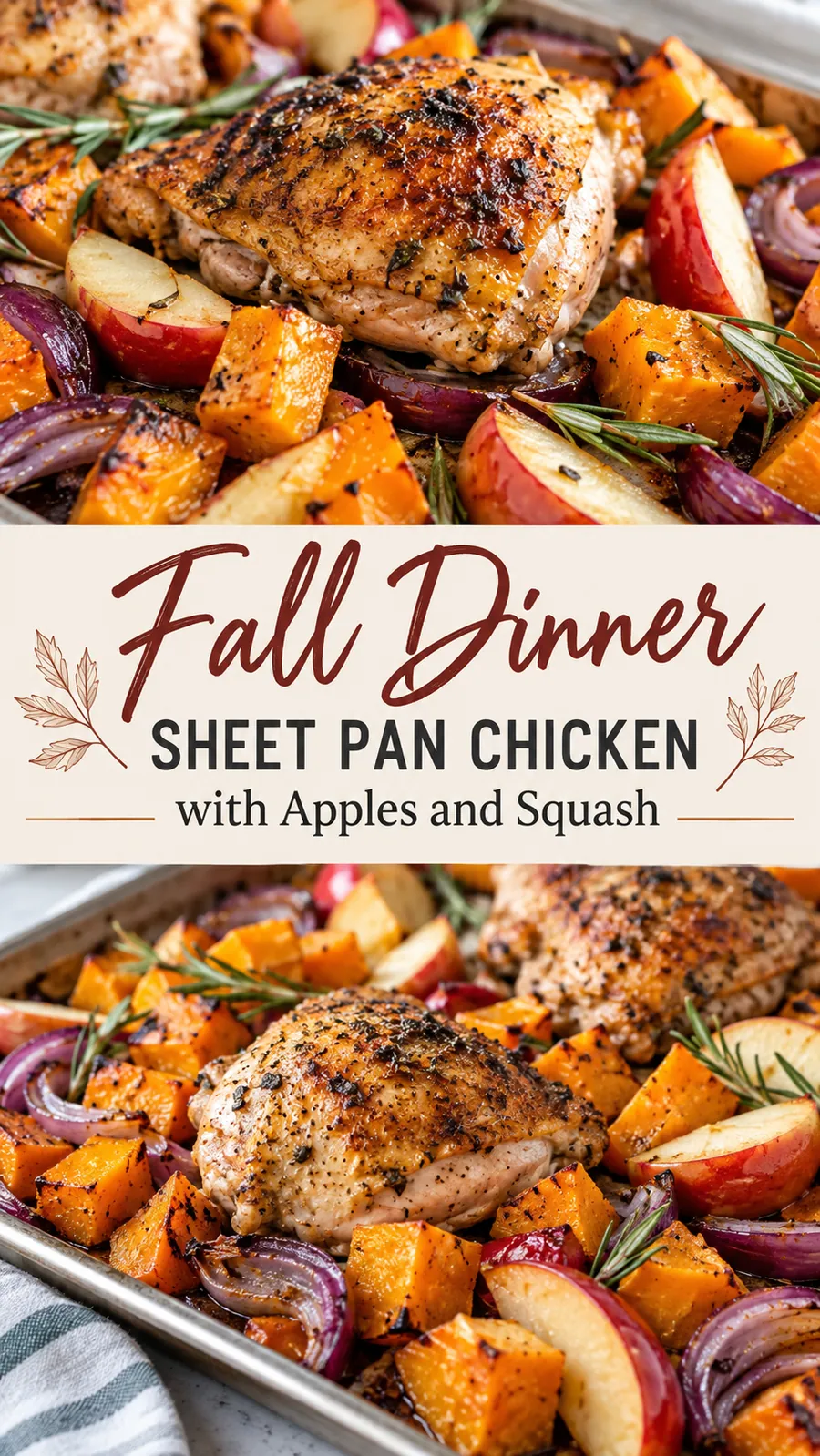 Pinterest image for Fall Dinner Sheet Pan Chicken with Apples and Squash, with two photos of the recipe