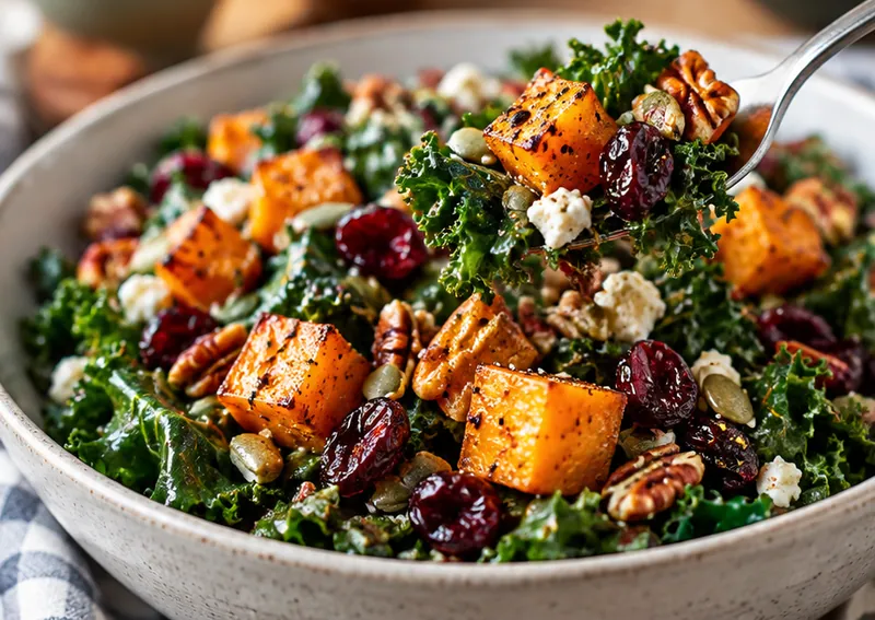 Fall Kale Salad with Sweet Potato and Cranberries, ready to serve