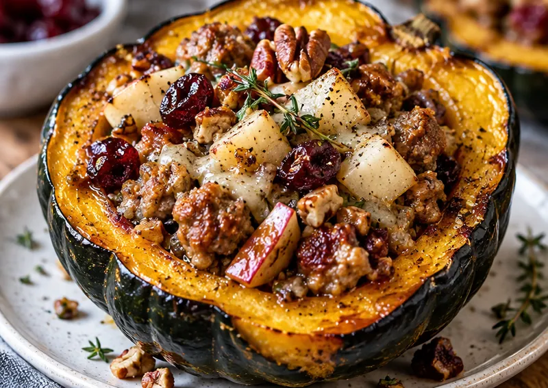 Fall Stuffed Acorn Squash with Sausage and Apples, ready to serve