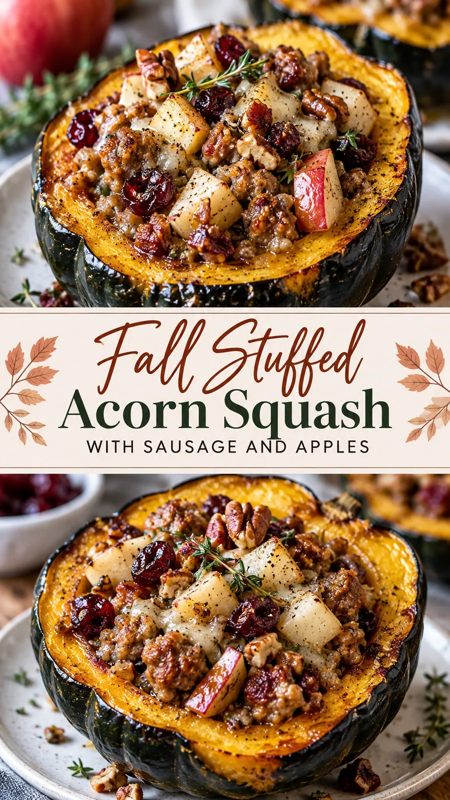 Pinterest image for Fall Stuffed Acorn Squash with Sausage and Apples, with two photos of the recipe