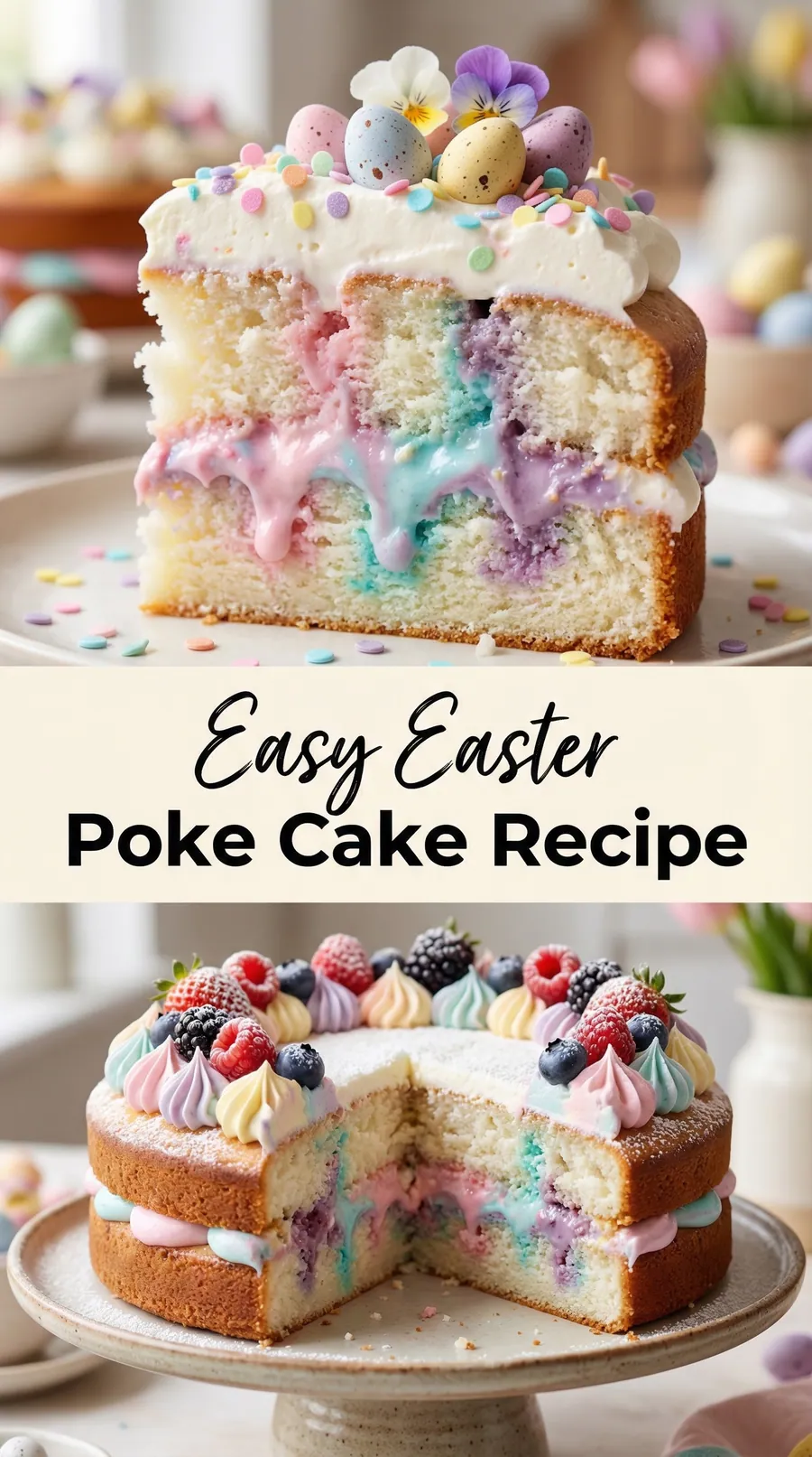 Pinterest image for Fast And Easy Easter Poke Cake Recipe For Easter, with two photos of the recipe