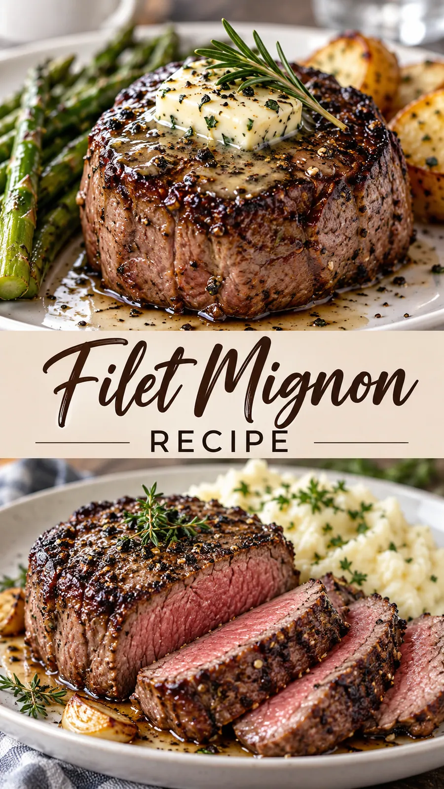 Pinterest image for Filet Mignon Recipe, with two photos of the recipe