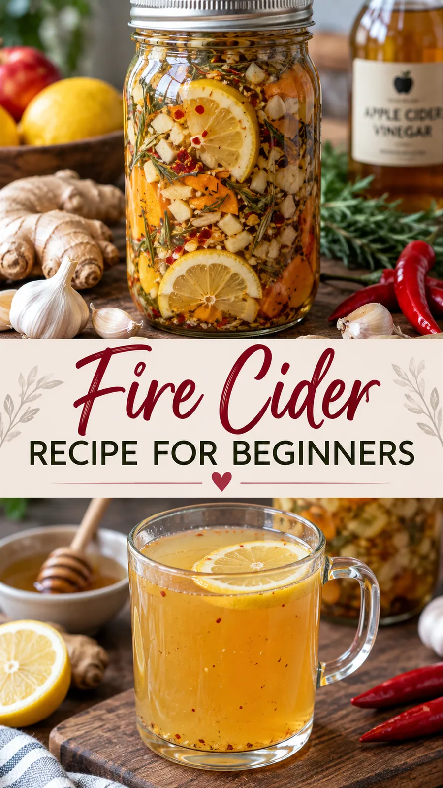 Pinterest image for Fire Cider Recipe for Beginners, with two photos of the recipe