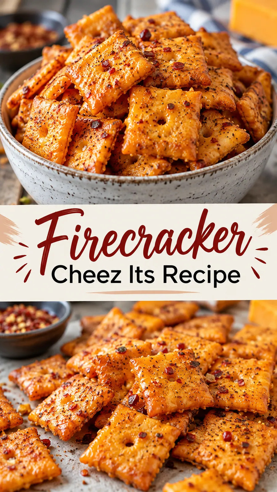 Pinterest image for Firecracker Cheez Its Recipe, with two photos of the recipe