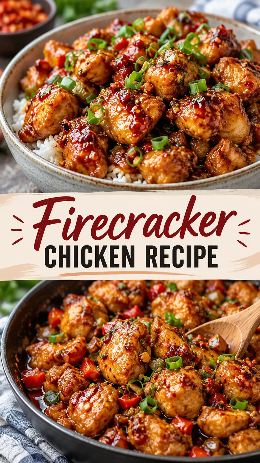 Pinterest image for Firecracker Chicken Recipe, with two photos of the recipe