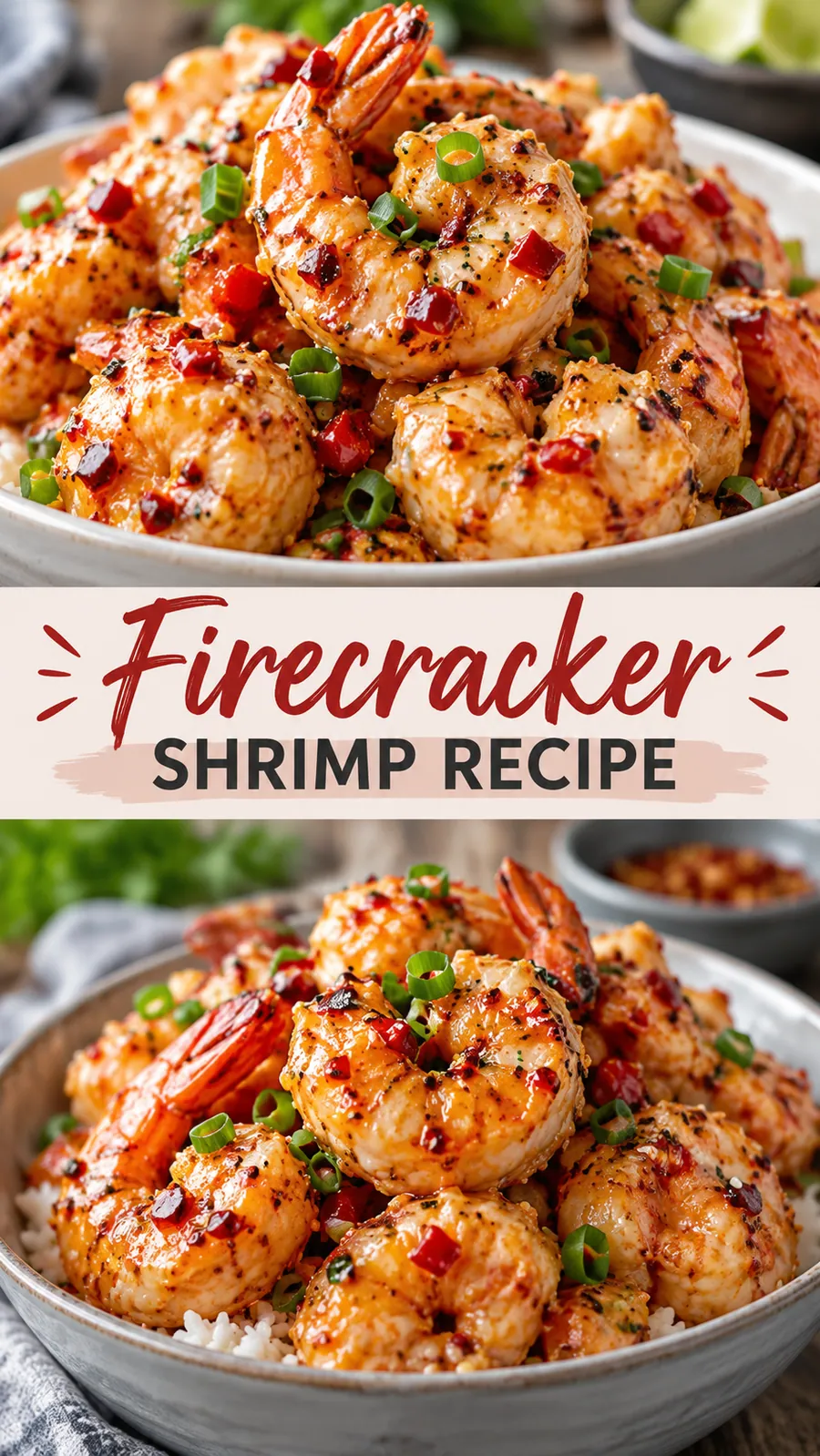 Pinterest image for Firecracker Shrimp Recipe, with two photos of the recipe