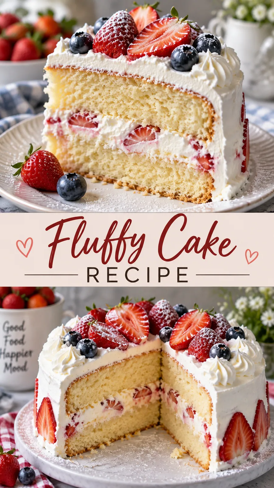 Pinterest image for Fluffy Cake Recipe, with two photos of the recipe