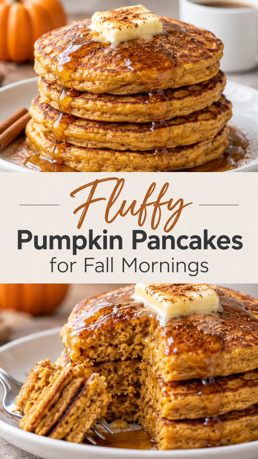 Pinterest image for Fluffy Pumpkin Pancakes for Fall Mornings, with two photos of the recipe