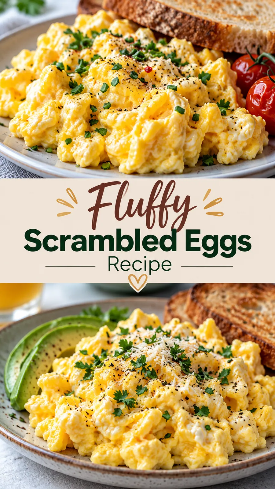Pinterest image for Fluffy Scrambled Eggs Recipe, with two photos of the recipe