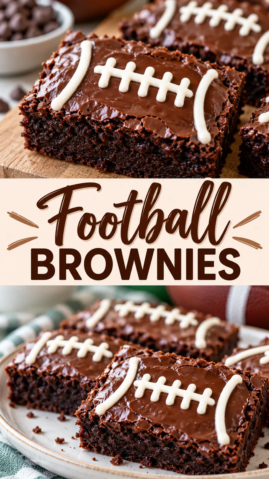 Pinterest image for Football Brownies, with two photos of the recipe