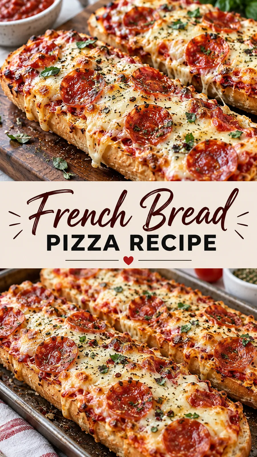 Pinterest image for French Bread Pizza Recipe, with two photos of the recipe