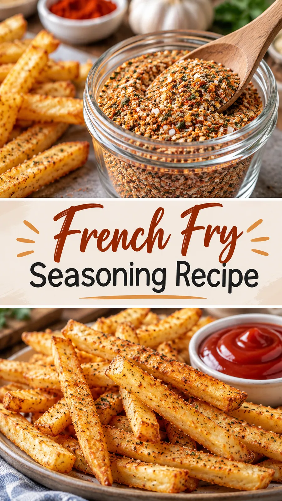 Pinterest image for French Fry Seasoning Recipe, with two photos of the recipe