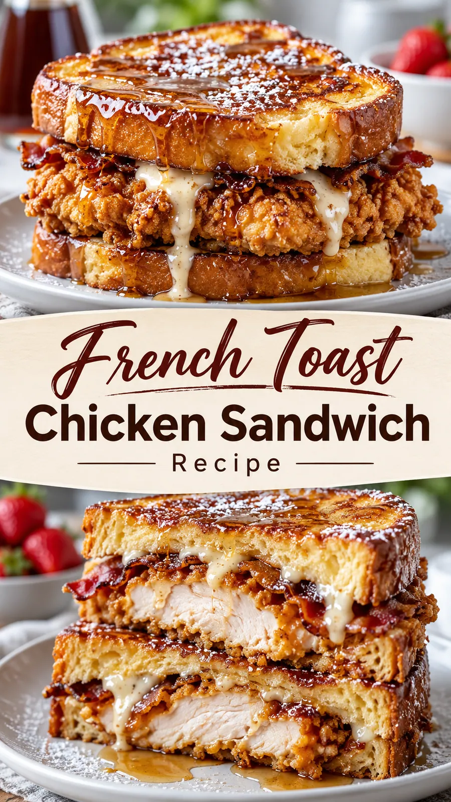 Pinterest image for French Toast Chicken Sandwich Recipe, with two photos of the recipe