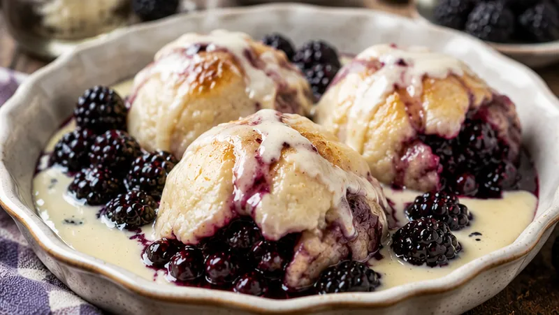 Fresh Blackberry Dumplings with Vanilla Sauce, ready to serve