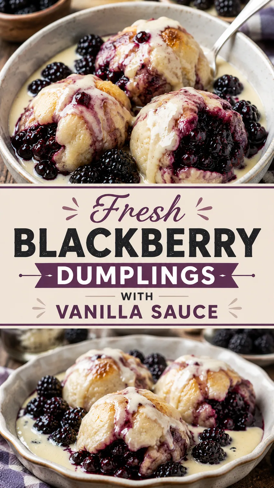 Pinterest image for Fresh Blackberry Dumplings With Vanilla Sauce, with two photos of the recipe