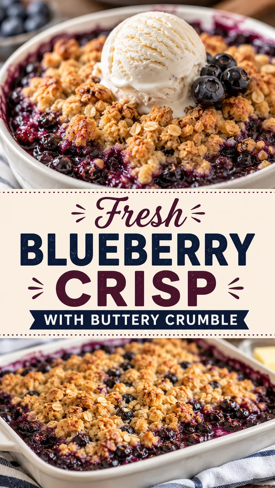 Pinterest image for Fresh Blueberry Crisp With Buttery Crumble, with two photos of the recipe