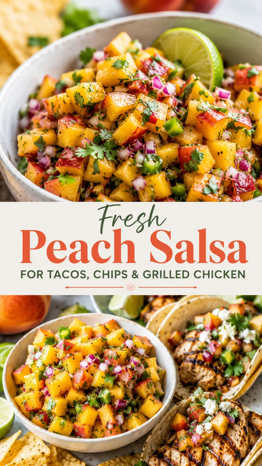 Pinterest image for Fresh Peach Salsa For Tacos Chips And Grilled Chicken, with two photos of the recipe
