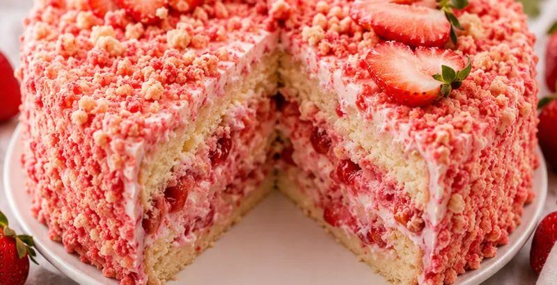 Fresh Strawberry Crunch Cake (TikTok-Style), ready to serve