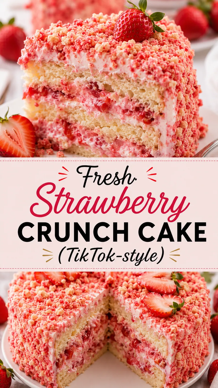 Pinterest image for Fresh Strawberry Crunch Cake Recipe (TikTok-Style), with two photos of the recipe