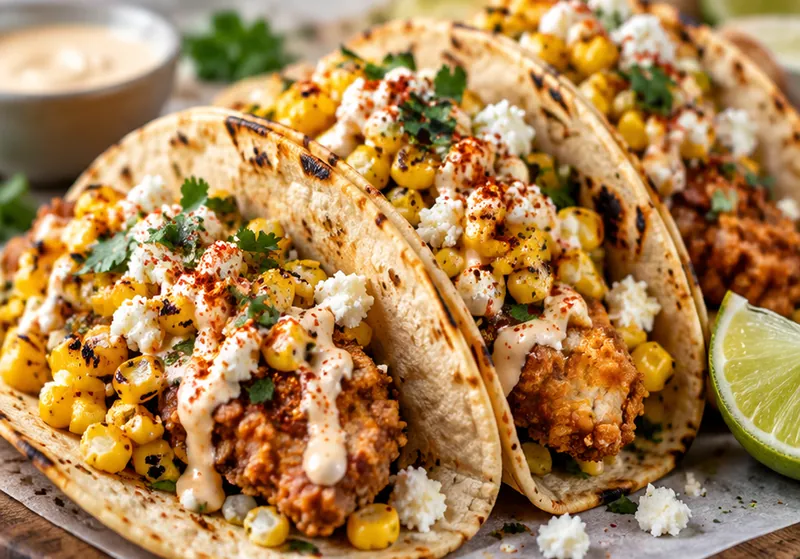 Fried Chicken Street Corn Tacos, ready to serve