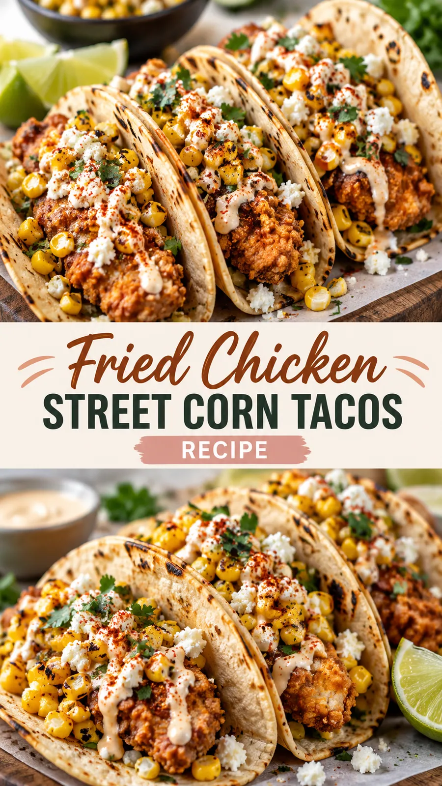 Pinterest image for Fried Chicken Street Corn Tacos Recipe, with two photos of the recipe