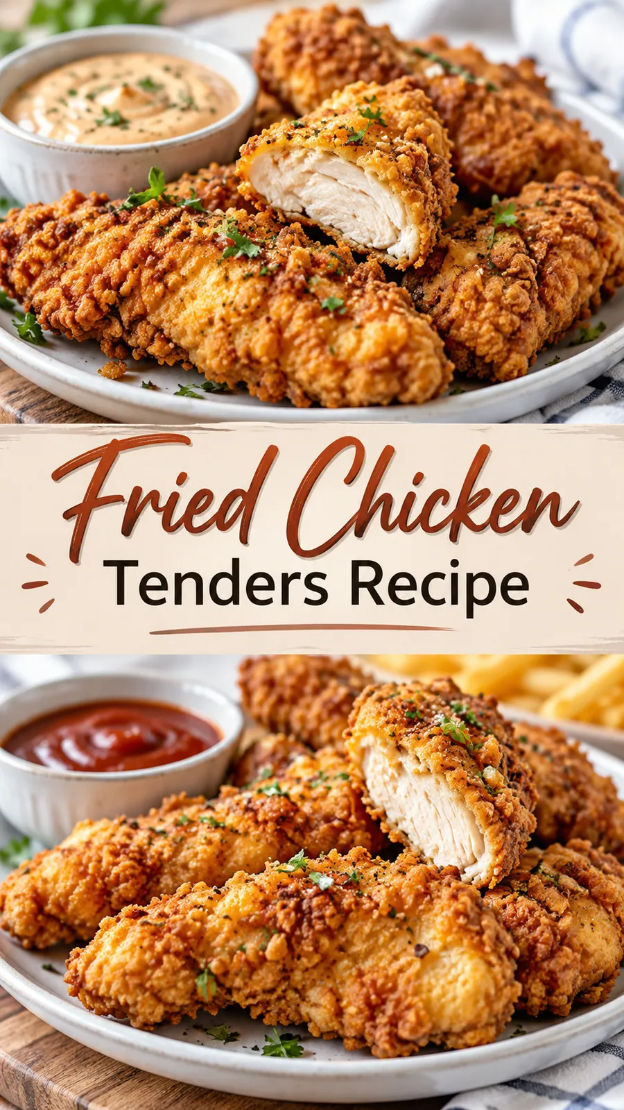 Pinterest image for Fried Chicken Tenders Recipe, with two photos of the recipe