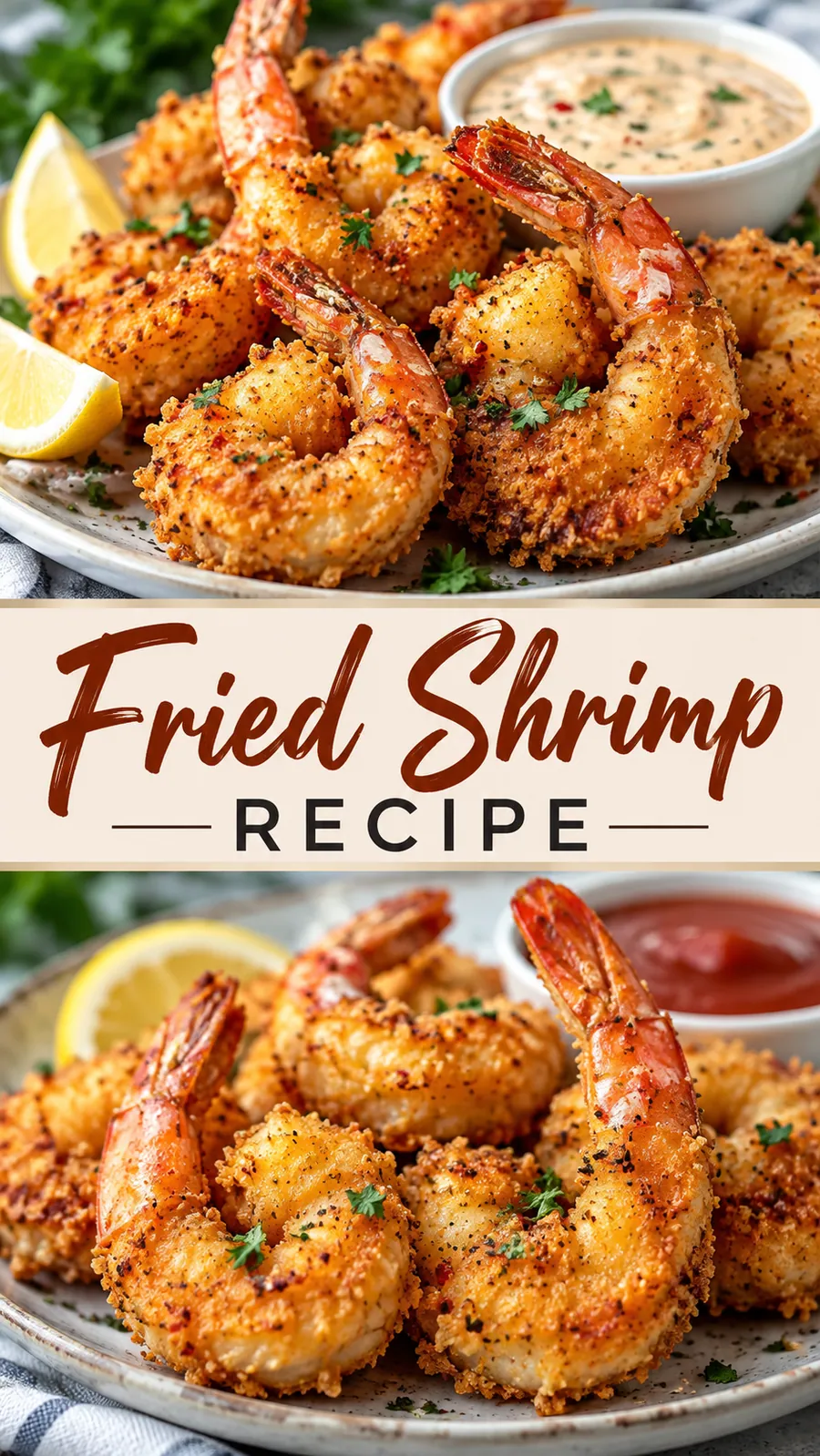 Pinterest image for Fried Shrimp Recipe, with two photos of the recipe