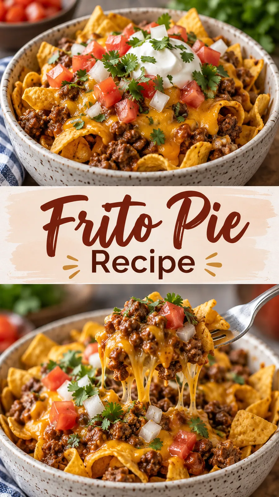 Pinterest image for Frito Pie Recipe, with two photos of the recipe
