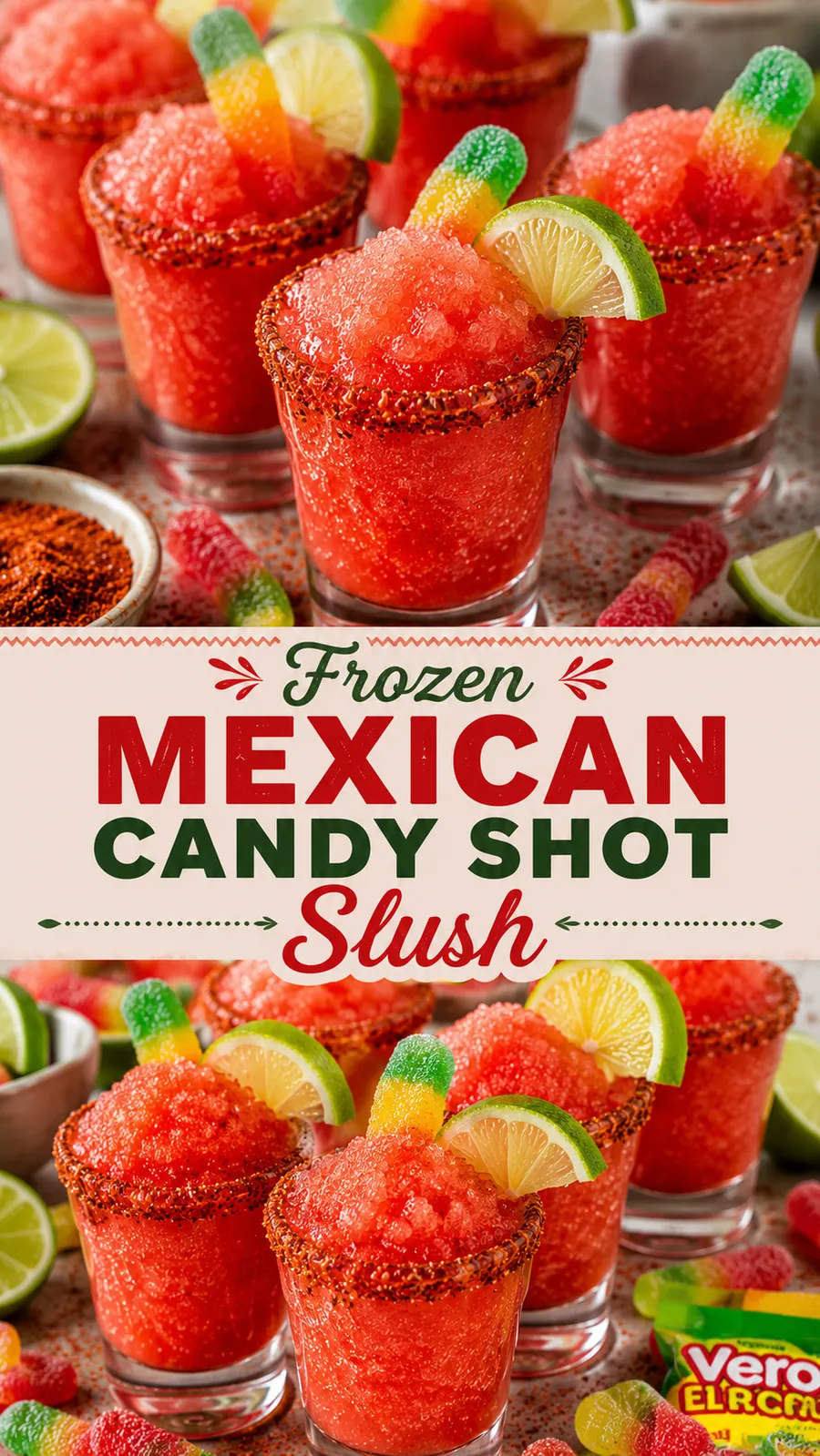 Pinterest image for Frozen Mexican Candy Shot Slush, with two photos of the recipe
