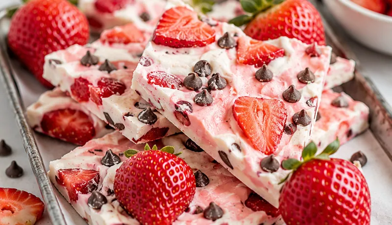 Frozen Strawberry Yogurt Bark, ready to serve