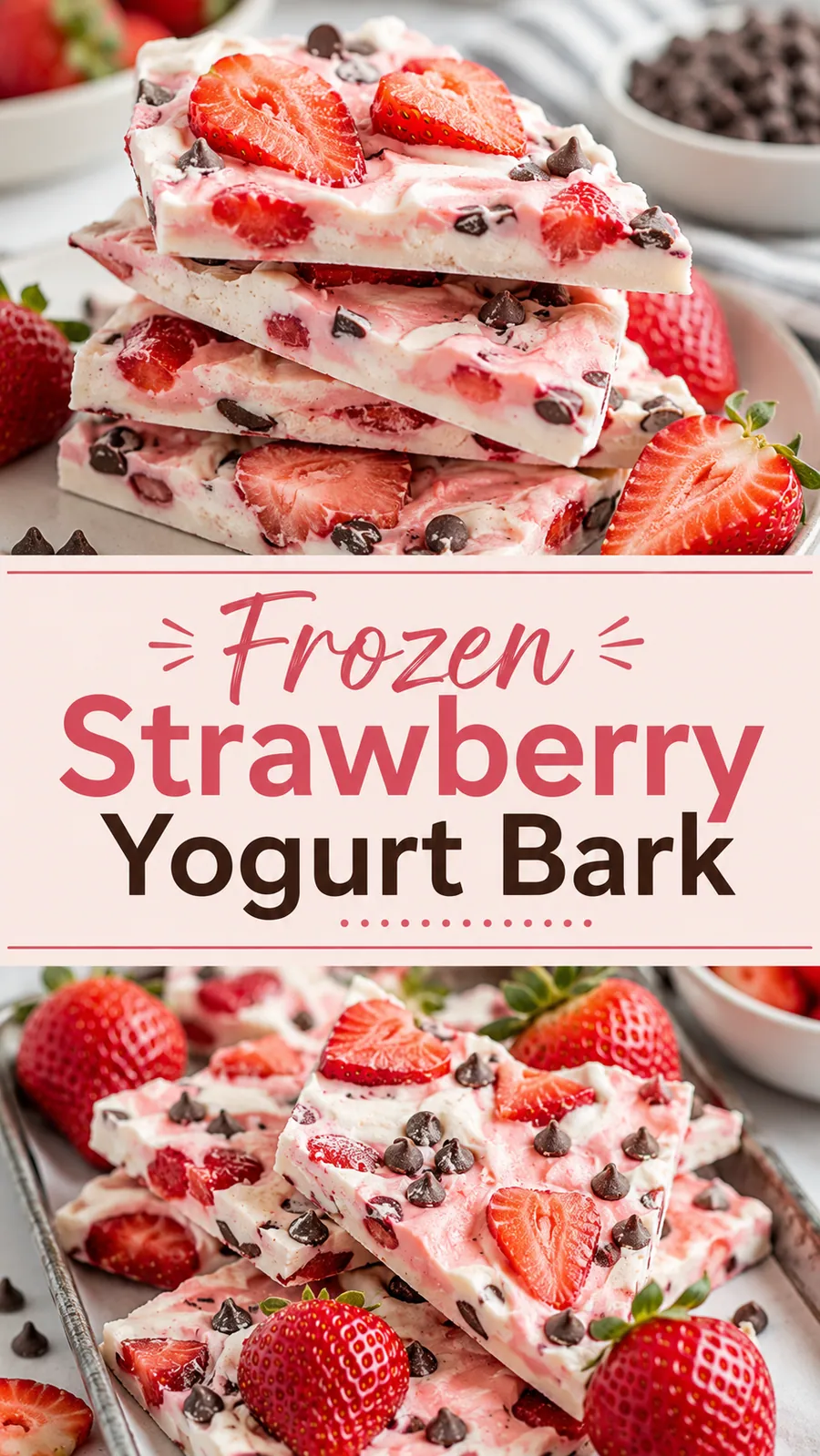 Pinterest image for Frozen Strawberry Yogurt Bark Recipe, with two photos of the recipe