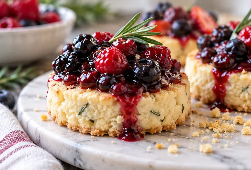 Fruit and Rosemary Shortbread with Berry Compote, ready to serve