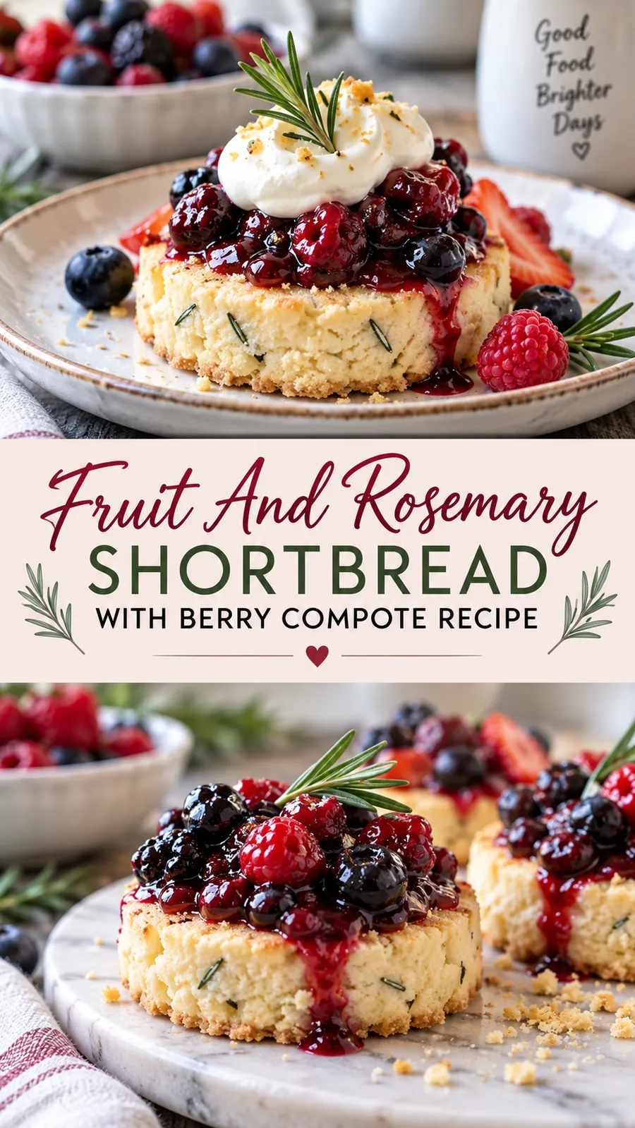 Pinterest image for Fruit And Rosemary Shortbread With Berry Compote Recipe, with two photos of the recipe