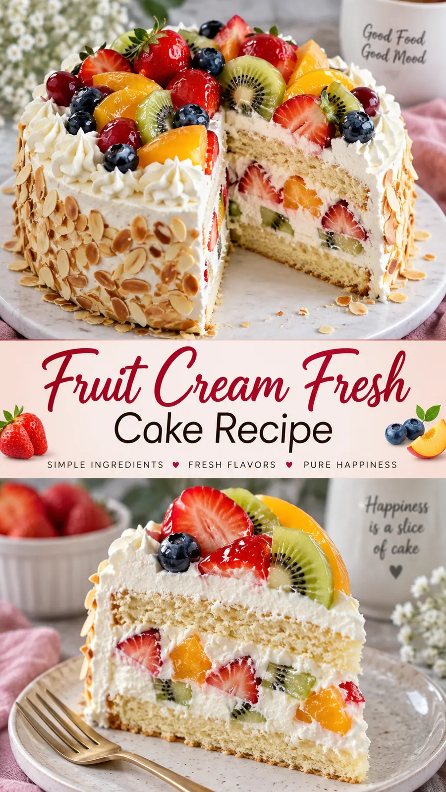 Pinterest image for Fruit Cream Fresh Cake Recipe, with two photos of the recipe