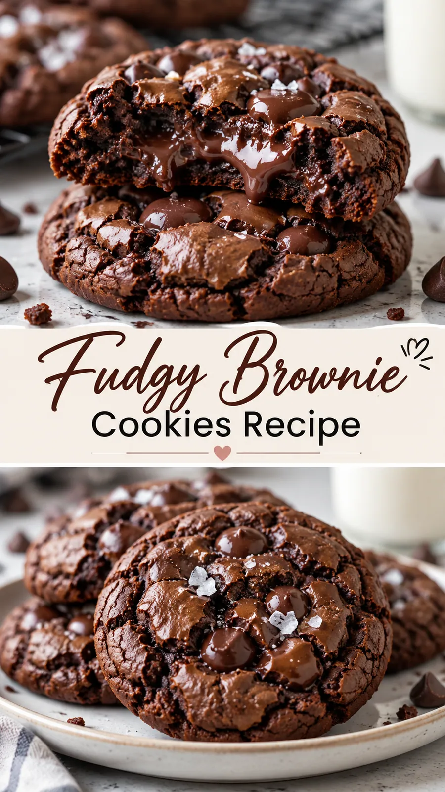 Pinterest image for Fudgy Brownie Cookies Recipe, with two photos of the recipe
