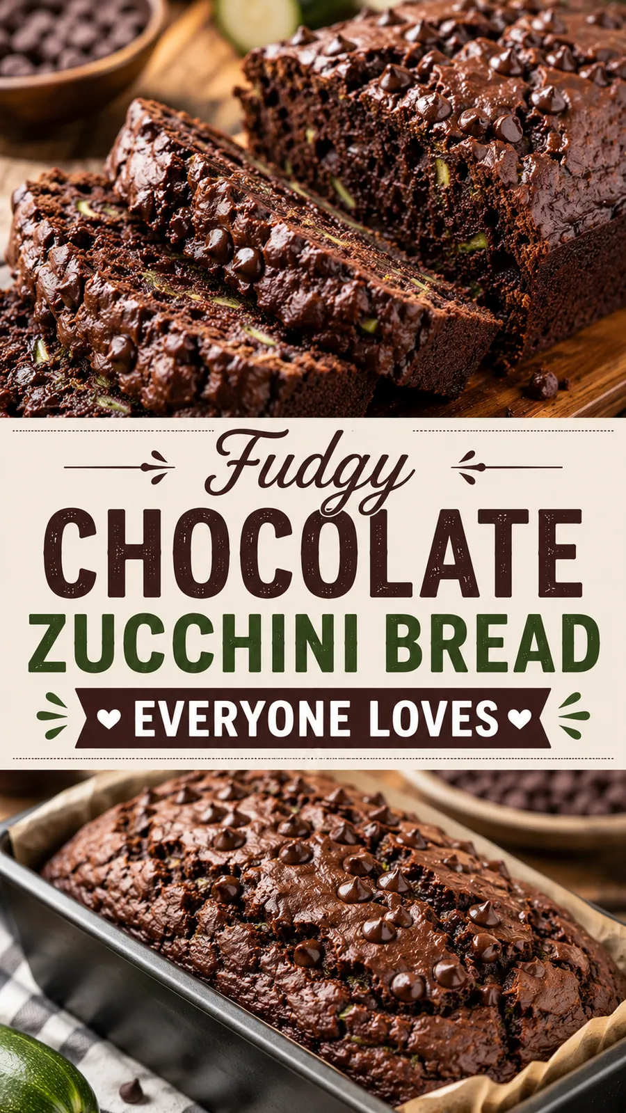 Pinterest image for Fudgy Chocolate Zucchini Bread Everyone Loves, with two photos of the recipe