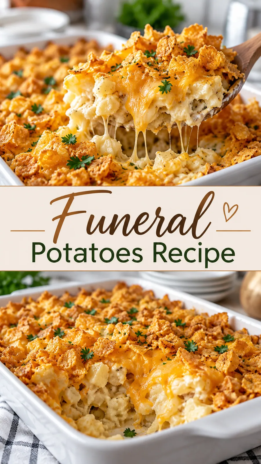 Pinterest image for Funeral Potatoes Recipe, with two photos of the recipe