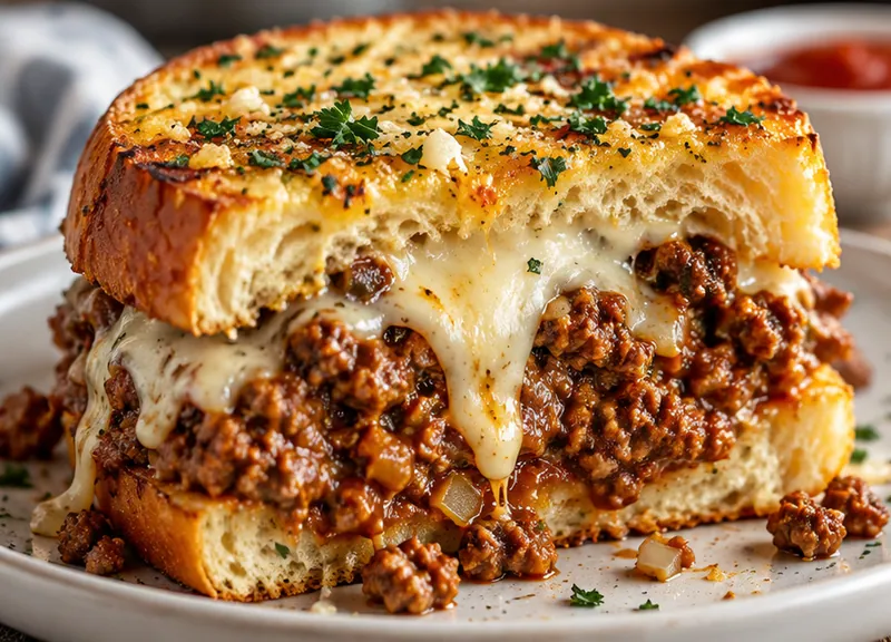Garlic Bread Sloppy Joes, ready to serve