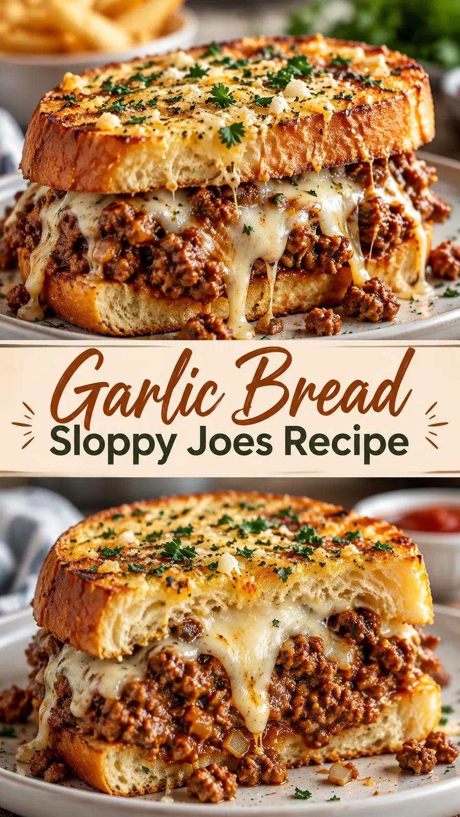 Pinterest image for Garlic Bread Sloppy Joes Recipe, with two photos of the recipe