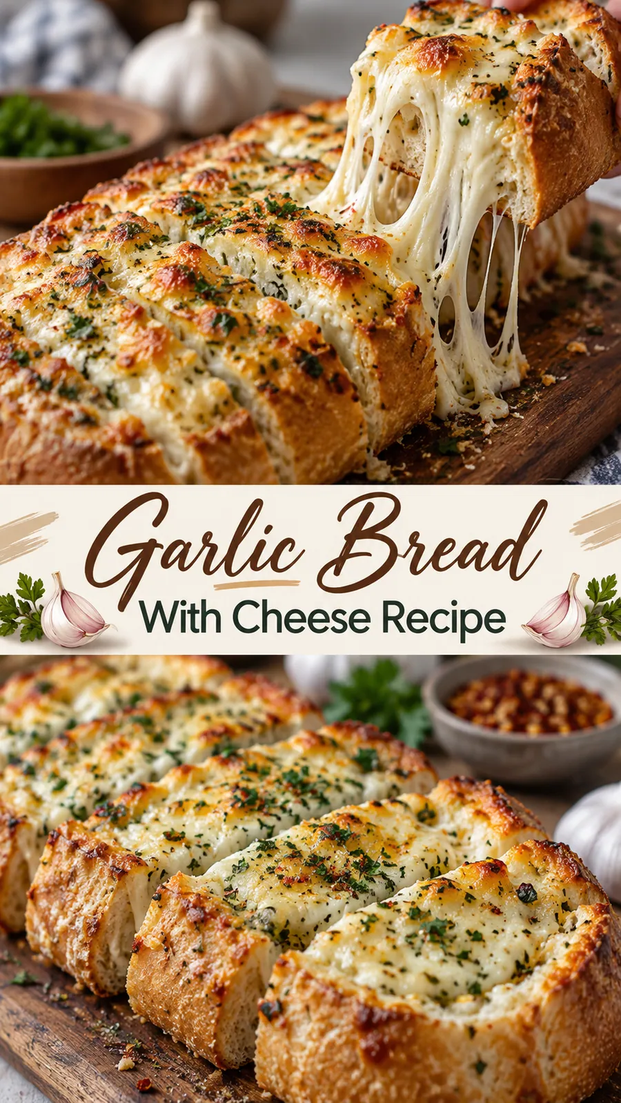 Pinterest image for Garlic Bread With Cheese Recipe, with two photos of the recipe