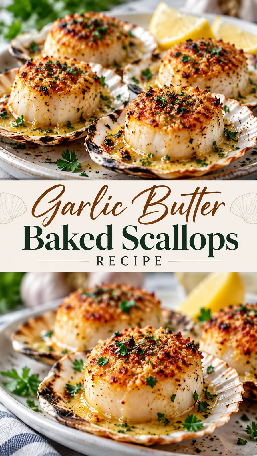 Pinterest image for Garlic Butter Baked Scallops Recipe, with two photos of the recipe