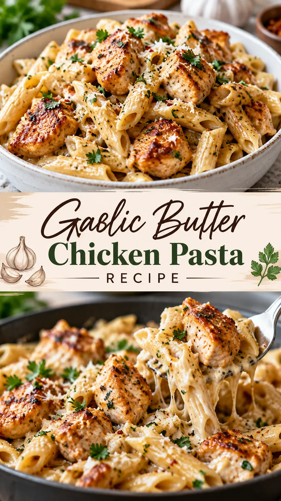Pinterest image for Garlic Butter Chicken Pasta Recipe, with two photos of the recipe