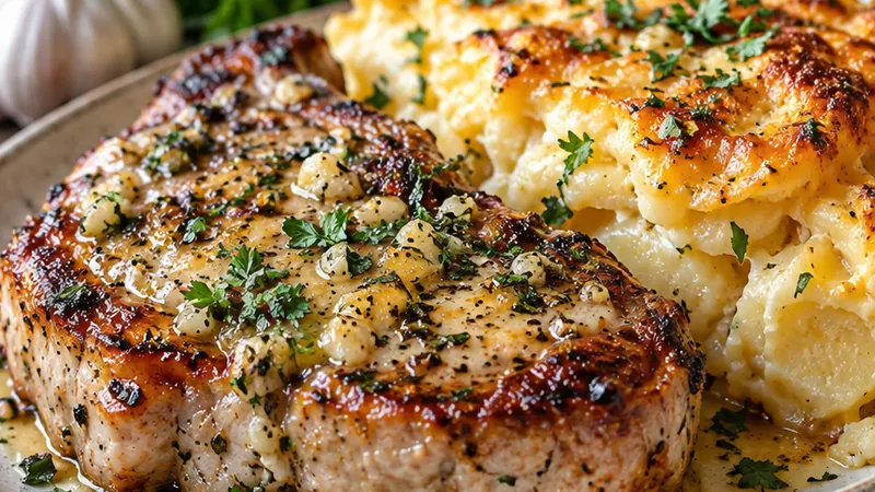 Garlic Butter Pork Chops with Cheesy Potato Bake