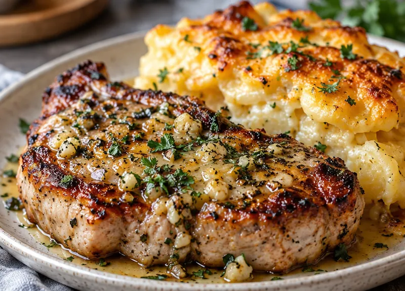 Garlic Butter Pork Chops with Cheesy Potato Bake, ready to serve