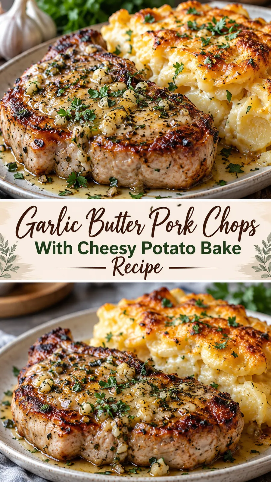 Pinterest image for Garlic Butter Pork Chops With Cheesy Potato Bake Recipe, with two photos of the recipe