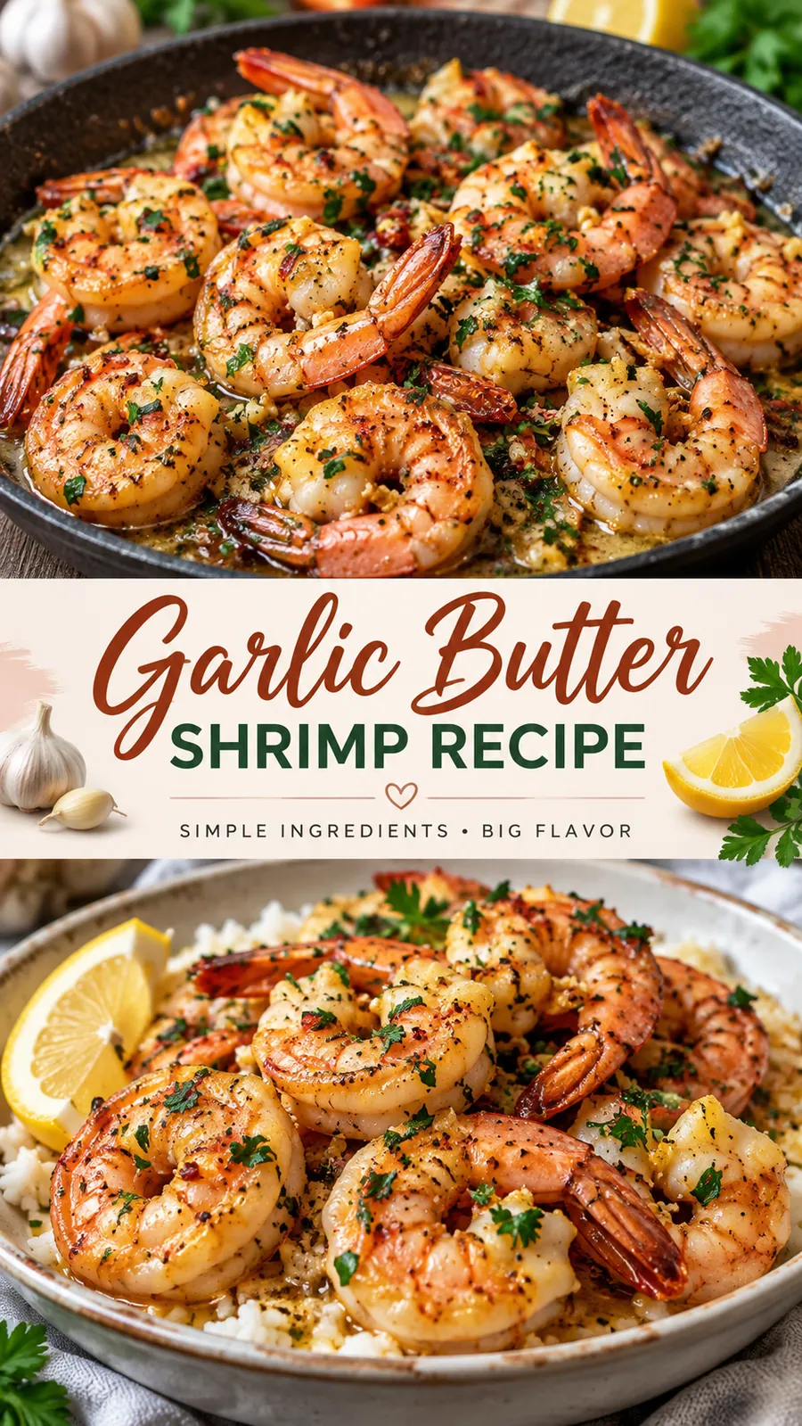 Pinterest image for Garlic Butter Shrimp Recipe, with two photos of the recipe