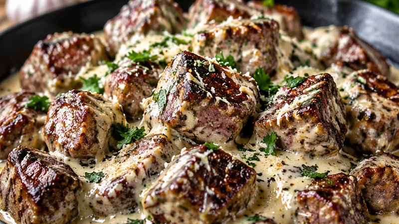 Garlic Butter Steak Bites with Parmesan Cream Sauce